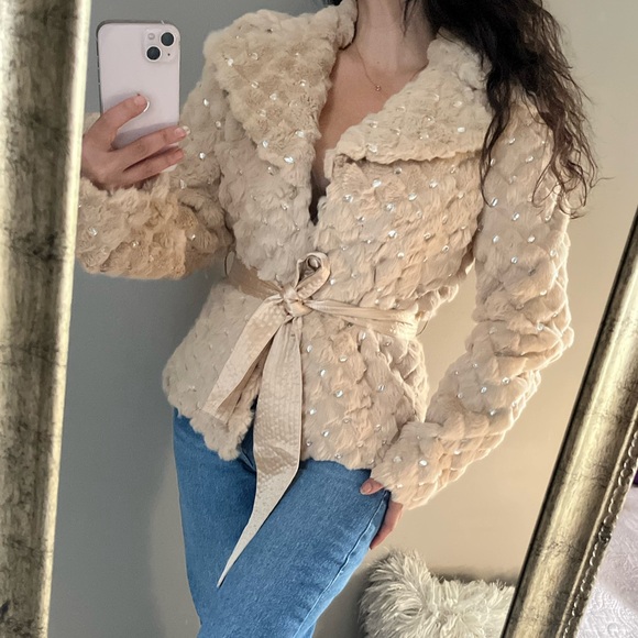 Cache Jackets & Blazers - Genuine Rabbit fur silk bling coat jacket belted small Cache S winter cozy